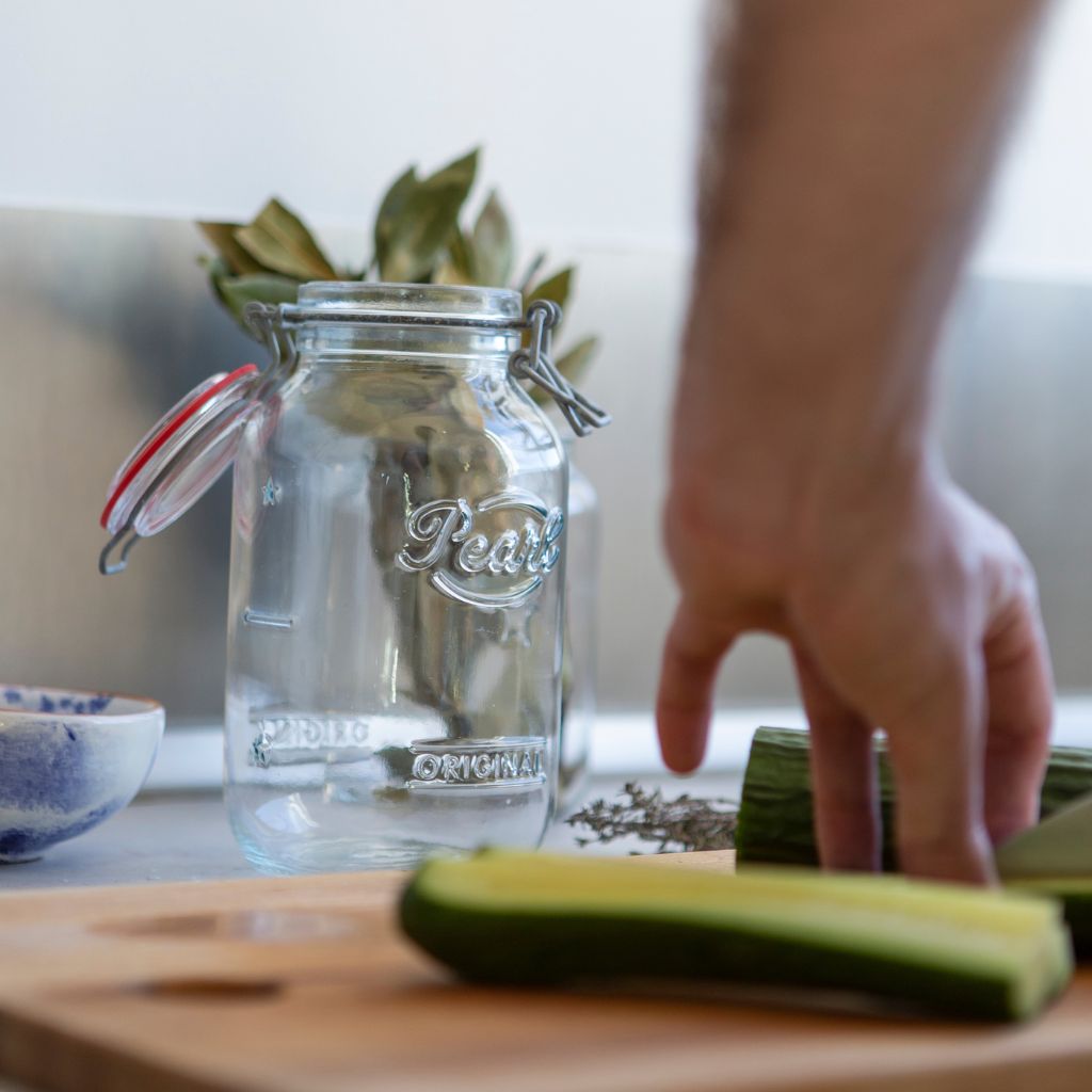 Classic Swing Jar open while cutting cucumbers