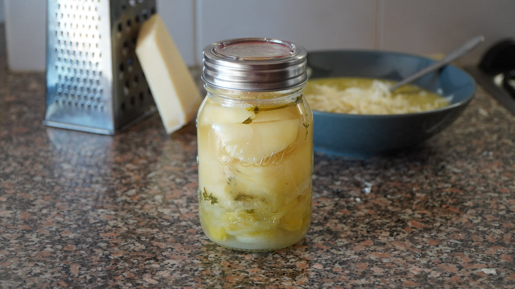 potato leek soup in a glass jar Europe